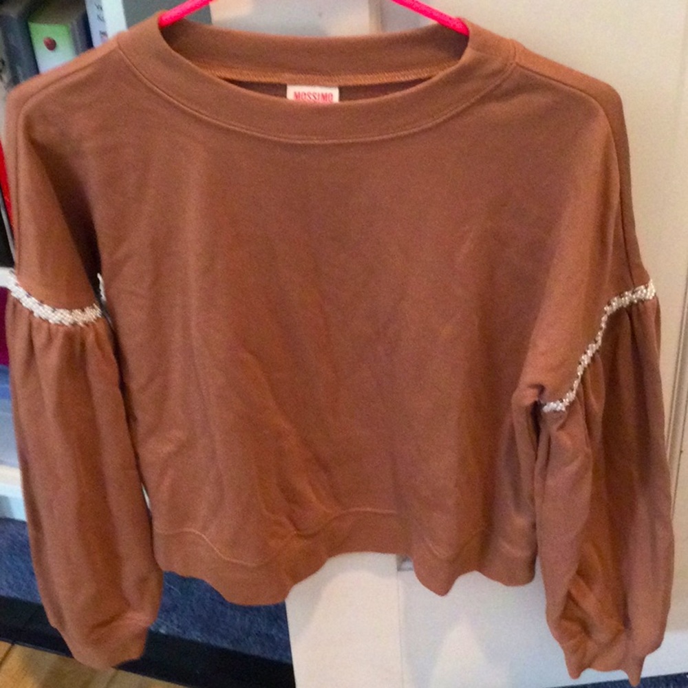 Mossimo tan vintage sweatshirt with pearl border on sleeves, XS